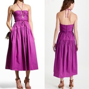 ULLA JOHNSON Ruched Keyhole Halter Neck Sleeveless Tiered Ruffle Midi Dress 4